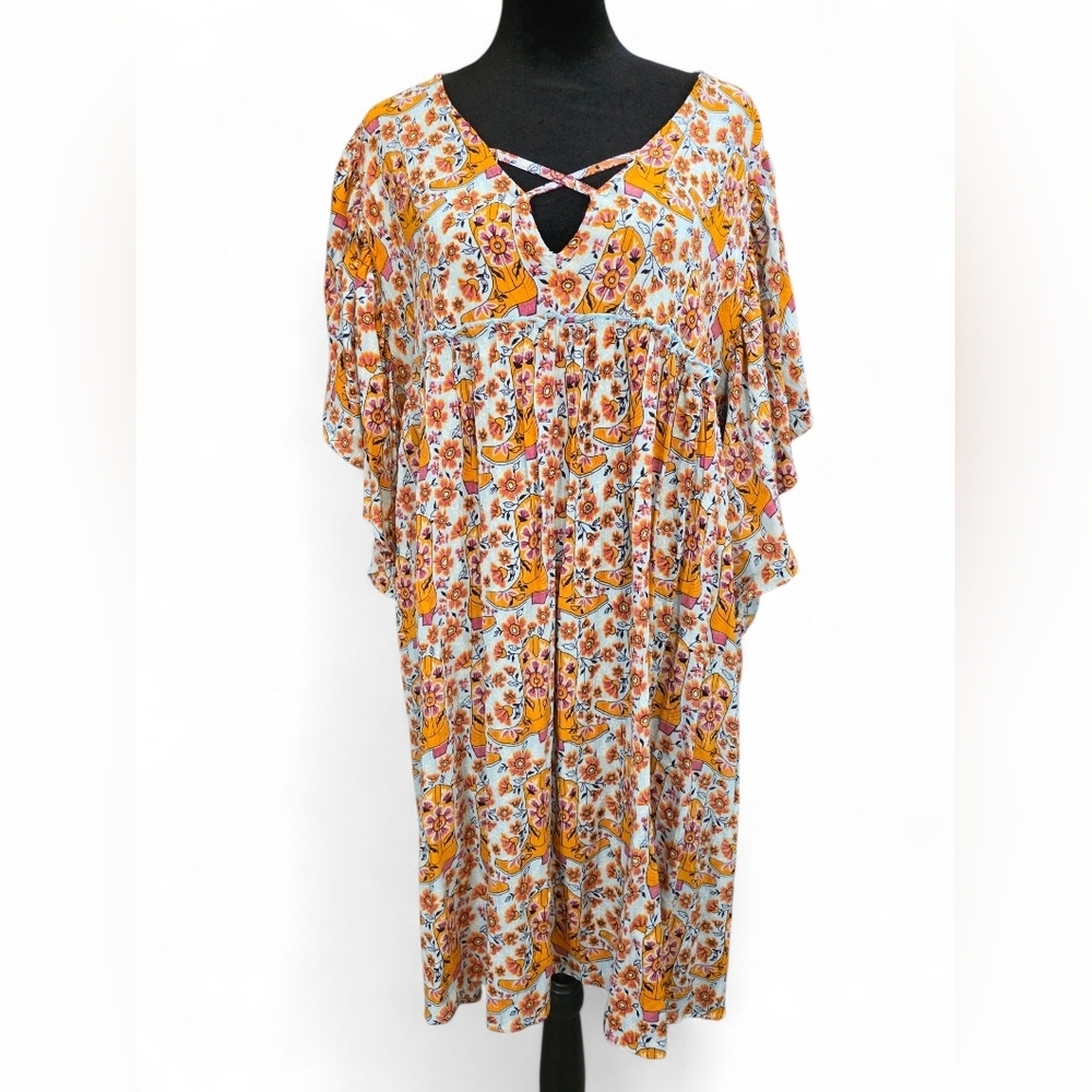 NWT Rockin’ C Western Floral Cowboy Boot Print Midi Dress XL Pink Blue Yellow